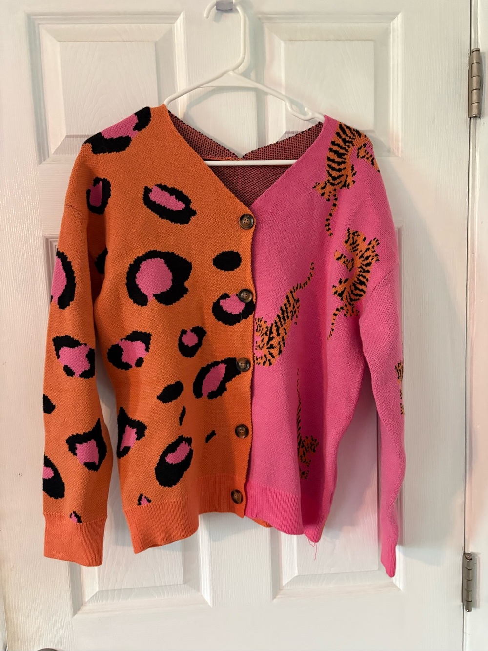Colorblock Tiger Leopard Cardigan Pink Orange Statement Knit Medium - Picture 5 of 6